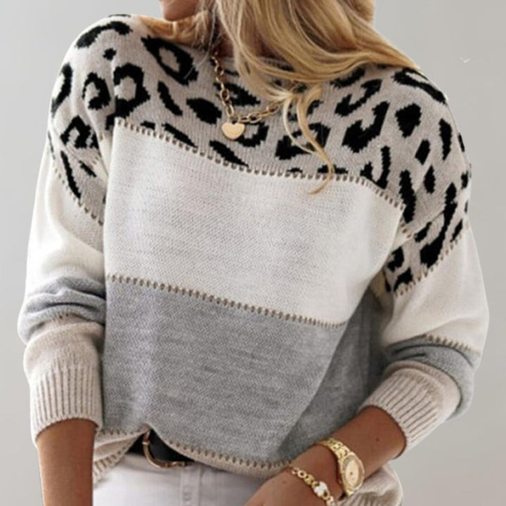 Women's Leopard Print Colour Block Knit Pullover Sweater