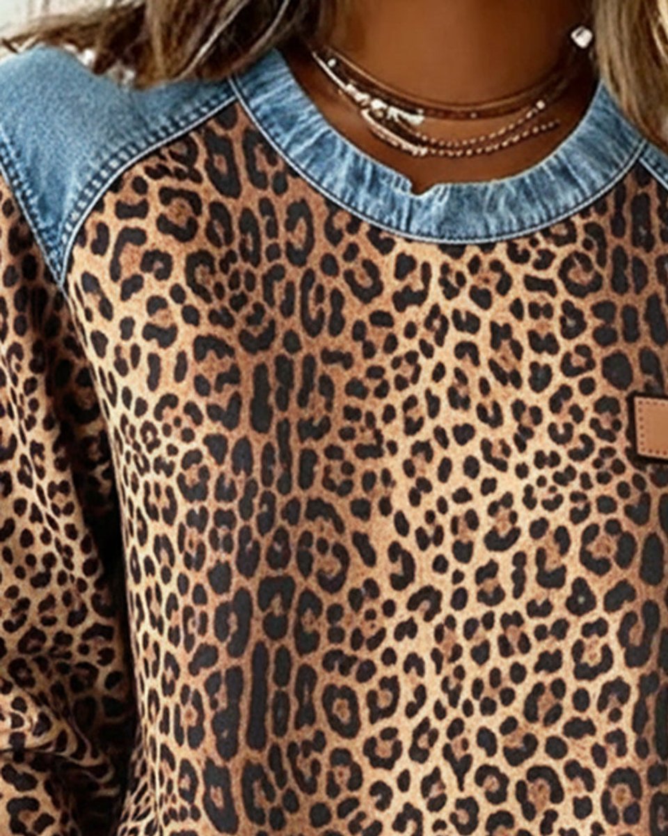 Women's Leopard Print Denim Patchwork Long Sleeve Sweater