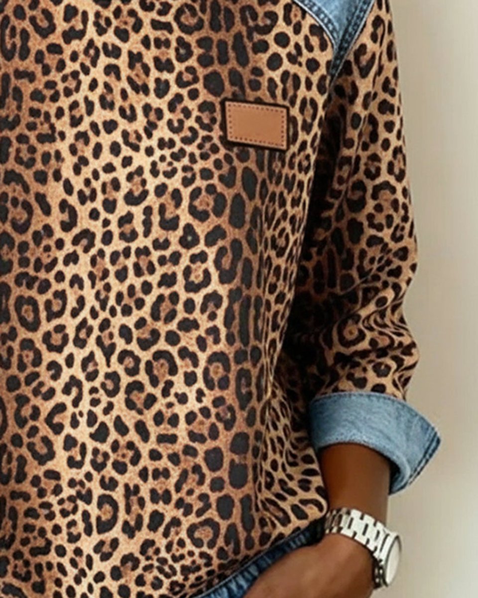 Women's Leopard Print Denim Patchwork Long Sleeve Sweater