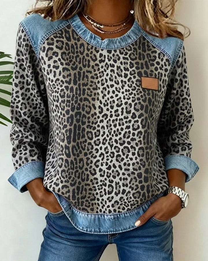 Women's Leopard Print Denim Patchwork Long Sleeve Sweater - Grey