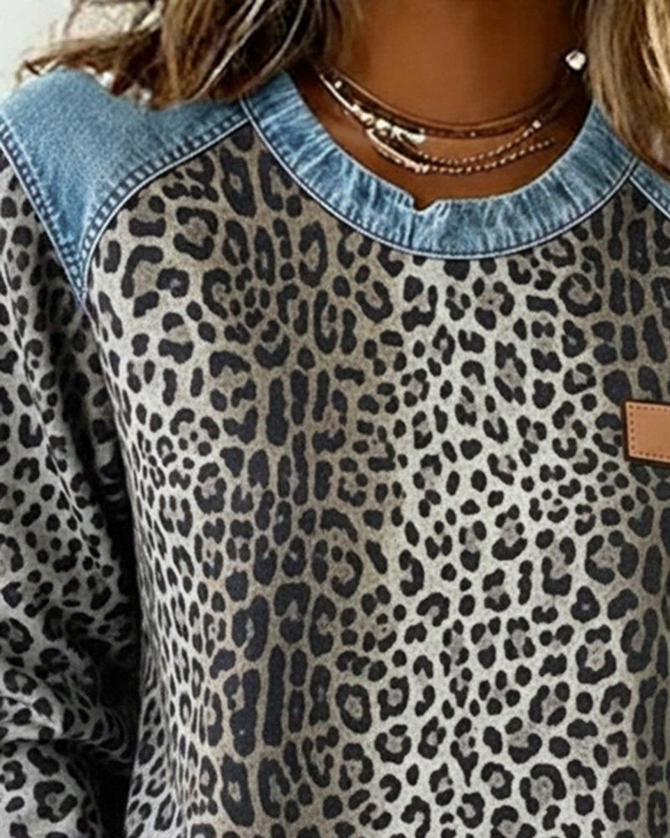 Women's Leopard Print Denim Patchwork Long Sleeve Sweater