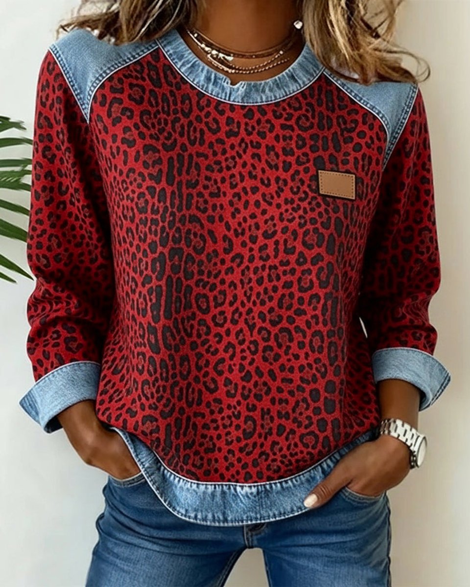 Women's Leopard Print Denim Patchwork Long Sleeve Sweater - Red