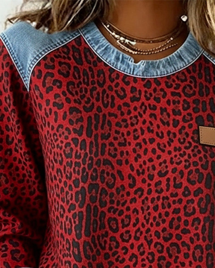 Women's Leopard Print Denim Patchwork Long Sleeve Sweater