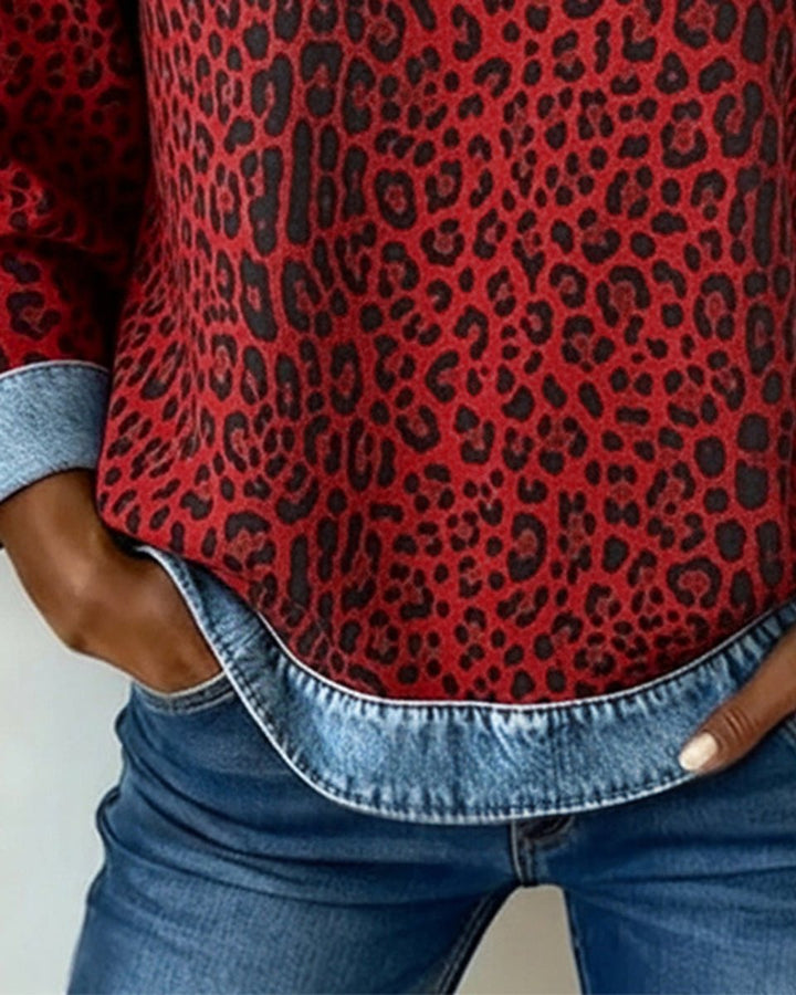 Women's Leopard Print Denim Patchwork Long Sleeve Sweater