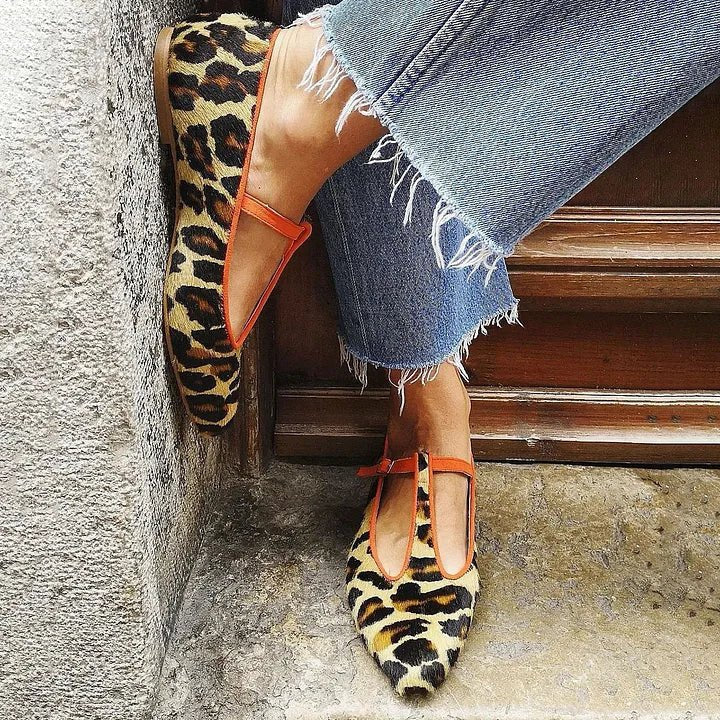 Women's Leopard Print Pointed-Toe T-Strap Flats