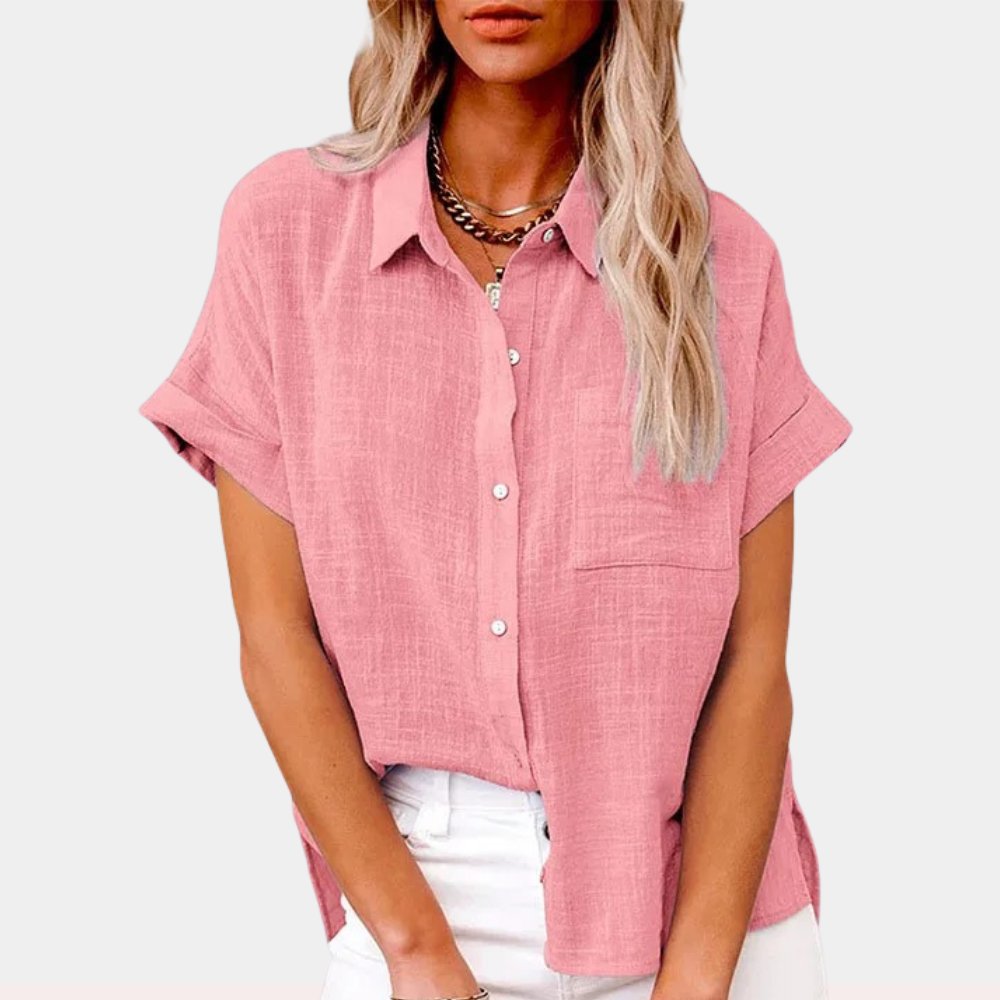 Women's Lightweight Button-Front Shirt Short Sleeve Relaxed Fit - Pink