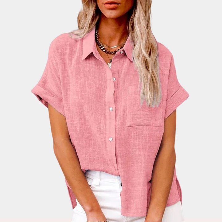 Women's Lightweight Button-Front Shirt Short Sleeve Relaxed Fit - Pink