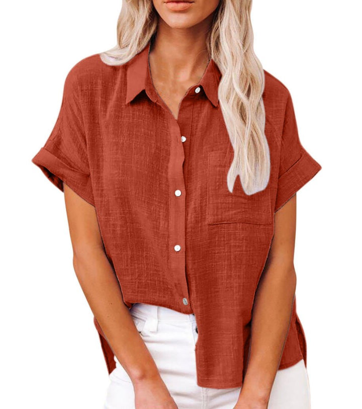 Women's Lightweight Button-Front Shirt Short Sleeve Relaxed Fit - Red