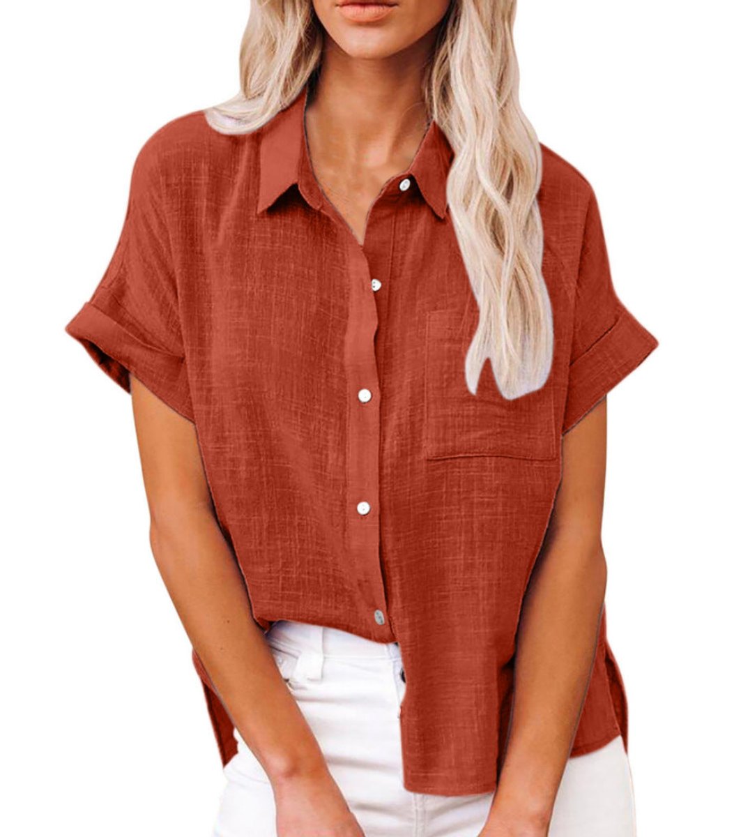 Women's Lightweight Button-Front Shirt Short Sleeve Relaxed Fit - Red