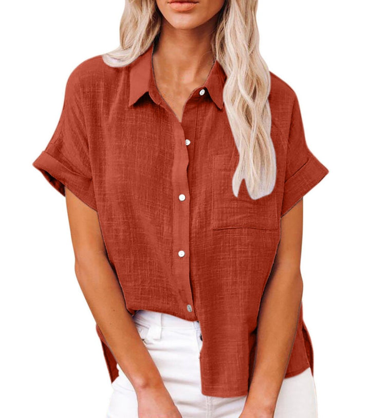 Women's Lightweight Button-Front Shirt Short Sleeve Relaxed Fit - Red