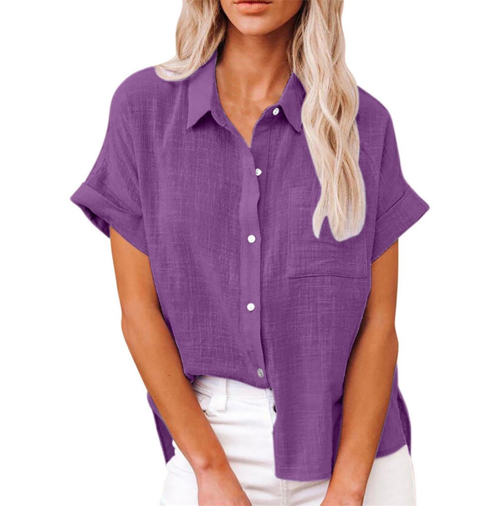 Women's Lightweight Button-Front Shirt Short Sleeve Relaxed Fit - Purple