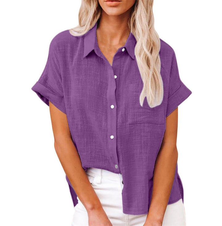 Women's Lightweight Button-Front Shirt Short Sleeve Relaxed Fit - Purple