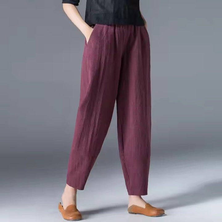 Women's Lightweight Elastic-Waist Tapered Ankle Trousers - Burgundy