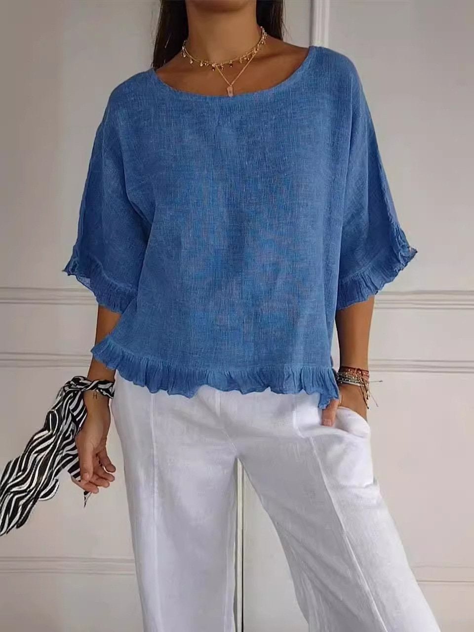Women's Lightweight Frayed-Edge Three-Quarter Sleeve Blouse - Blue (Almost sold out)