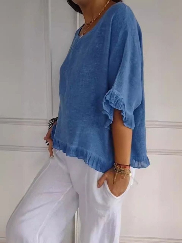 Women's Lightweight Frayed-Edge Three-Quarter Sleeve Blouse