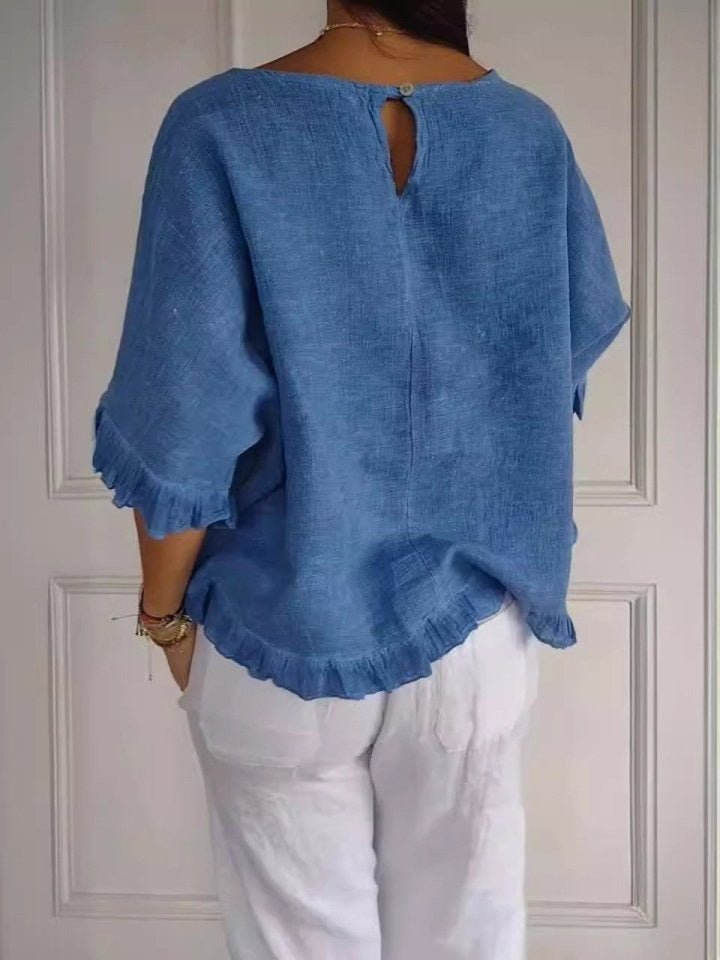Women's Lightweight Frayed-Edge Three-Quarter Sleeve Blouse