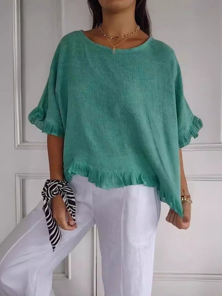 Women's Lightweight Frayed-Edge Three-Quarter Sleeve Blouse - Green (Almost sold out)