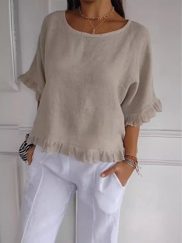 Women's Lightweight Frayed-Edge Three-Quarter Sleeve Blouse - Beige