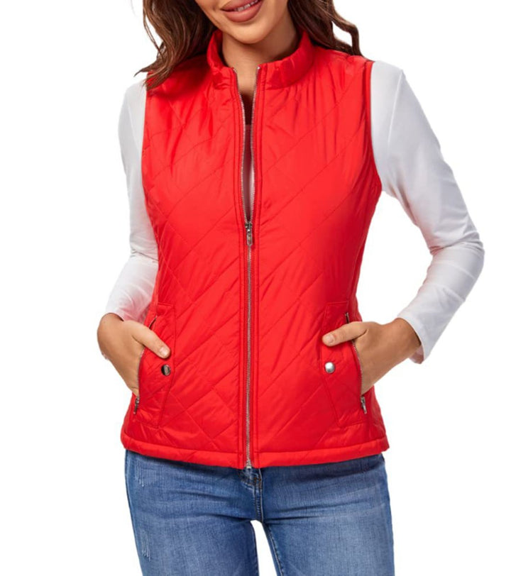 Women's Lightweight Quilted Gilet Zip-Up Sleeveless Jacket - Red