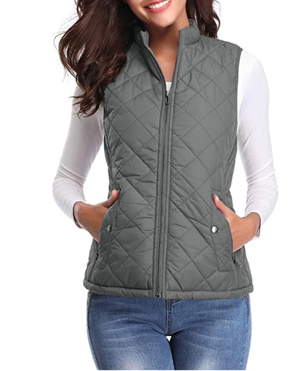 Women's Lightweight Quilted Gilet Zip-Up Sleeveless Jacket - Grey