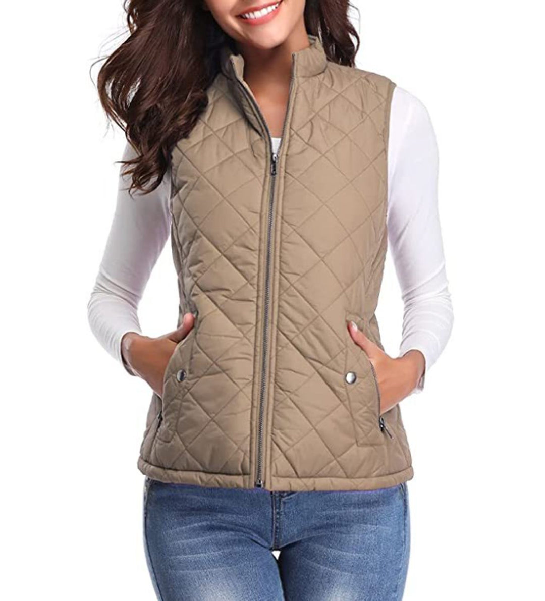 Women's Lightweight Quilted Gilet Zip-Up Sleeveless Jacket - Light Coffee