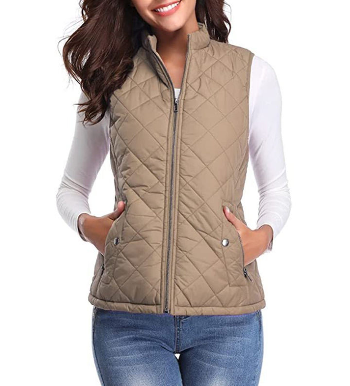 Women's Lightweight Quilted Gilet Zip-Up Sleeveless Jacket - Light Coffee