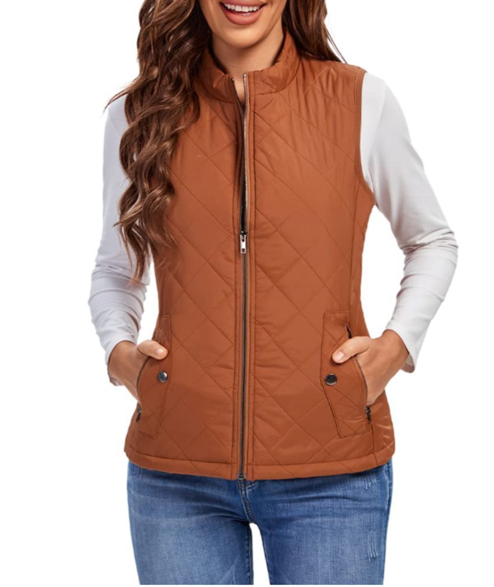 Women's Lightweight Quilted Gilet Zip-Up Sleeveless Jacket - Khaki