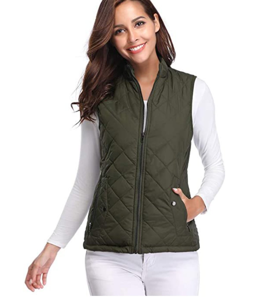 Women's Lightweight Quilted Gilet Zip-Up Sleeveless Jacket - Olive Green