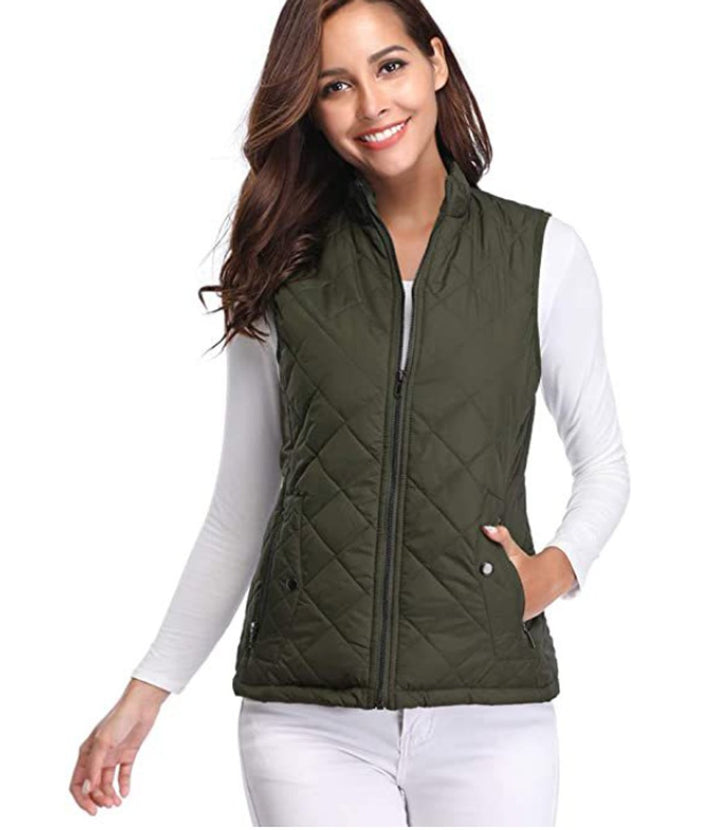 Women's Lightweight Quilted Gilet Zip-Up Sleeveless Jacket - Olive Green
