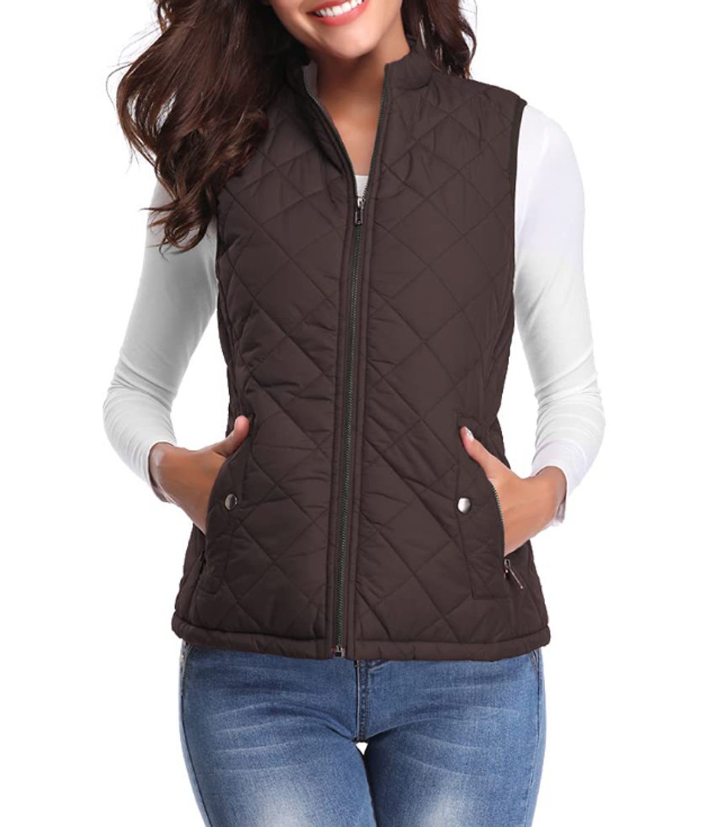 Women's Lightweight Quilted Gilet Zip-Up Sleeveless Jacket - Brown
