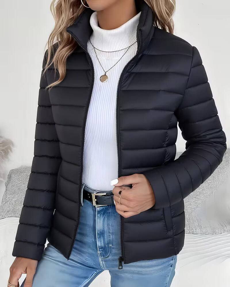 Women's Lightweight Quilted Puffer Jacket Stand Collar - Black