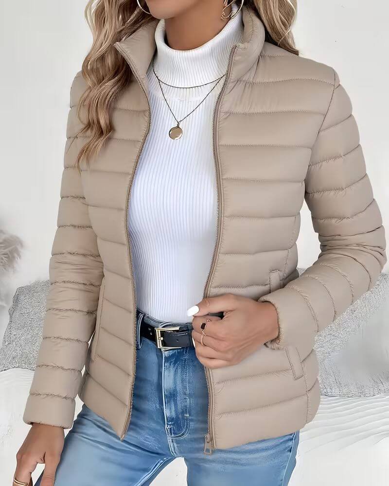 Women's Lightweight Quilted Puffer Jacket Stand Collar - Beige