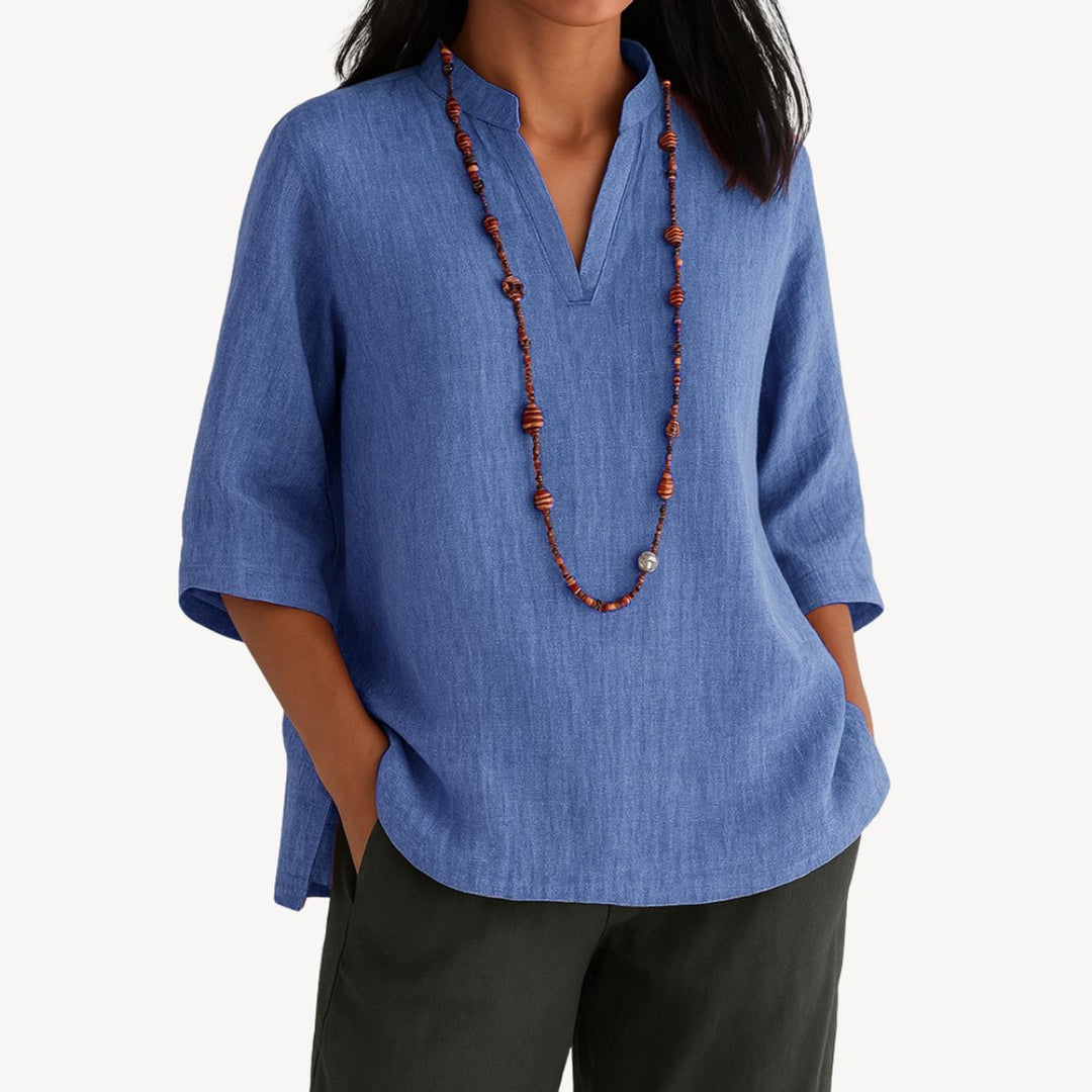 Women's Linen 3/4 Sleeve V-Neck Tunic Blouse - Blue