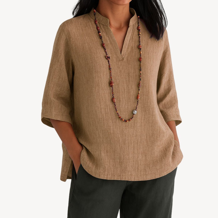 Women's Linen 3/4 Sleeve V-Neck Tunic Blouse - Brown
