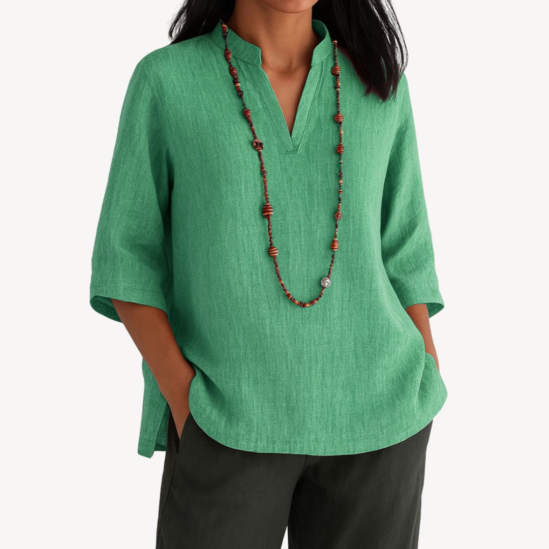 Women's Linen 3/4 Sleeve V-Neck Tunic Blouse - Green