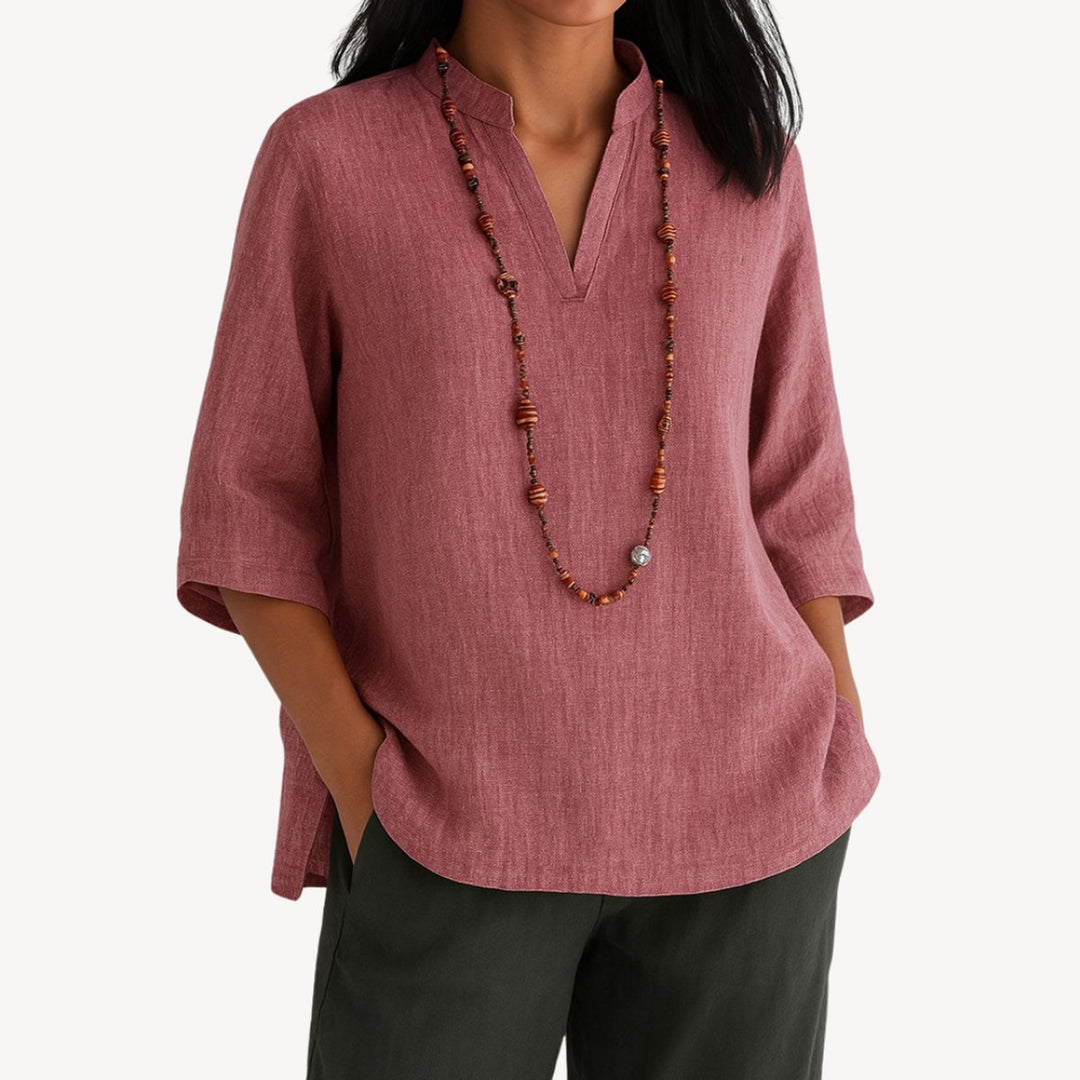 Women's Linen 3/4 Sleeve V-Neck Tunic Blouse - Pink