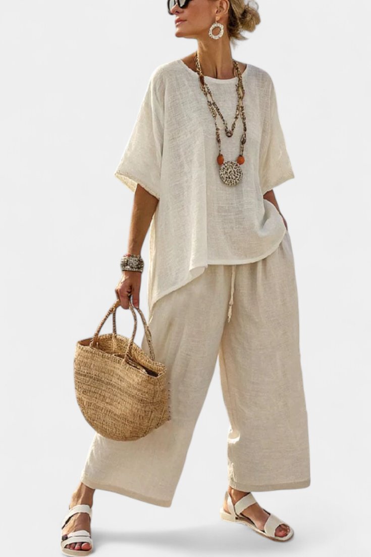Women's Linen Asymmetric Top Wide-Leg Trouser Co-Ord Set - White