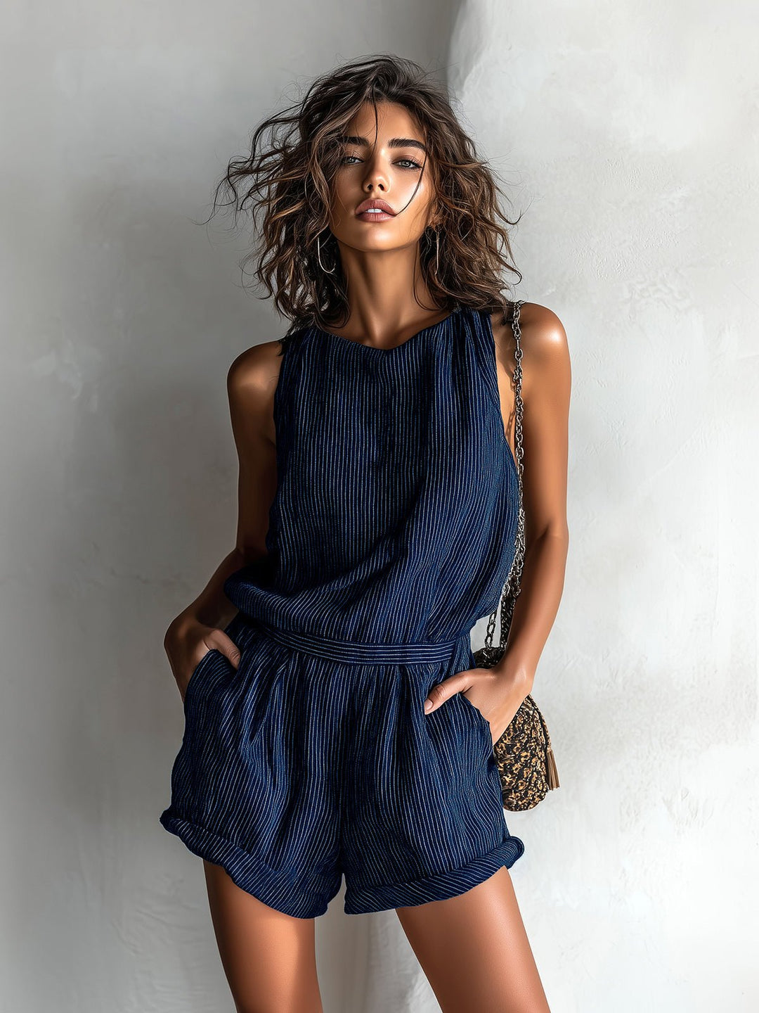 Women's Linen-Blend Sleeveless Boat-Neck Romper