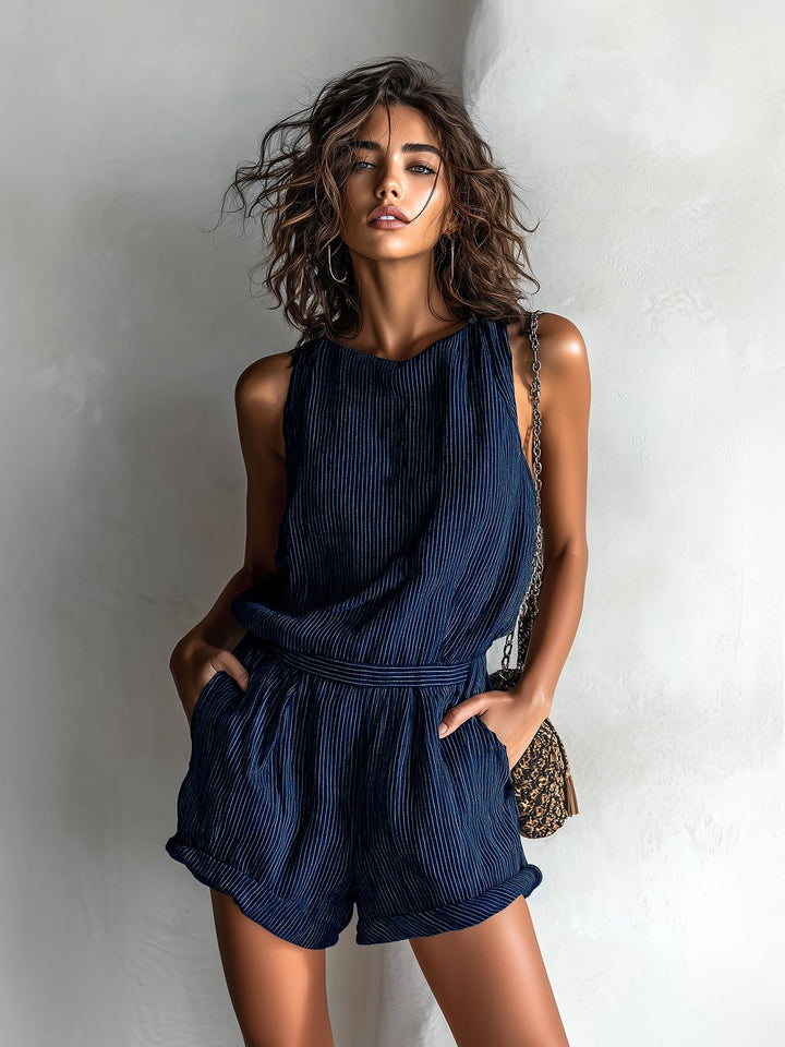 Women's Linen-Blend Sleeveless Boat-Neck Romper