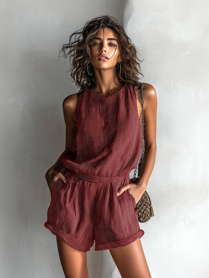 Women's Linen-Blend Sleeveless Boat-Neck Romper