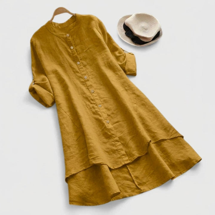 Women's Linen Button-Down Asymmetric Hem Shirt Dress - Mustard