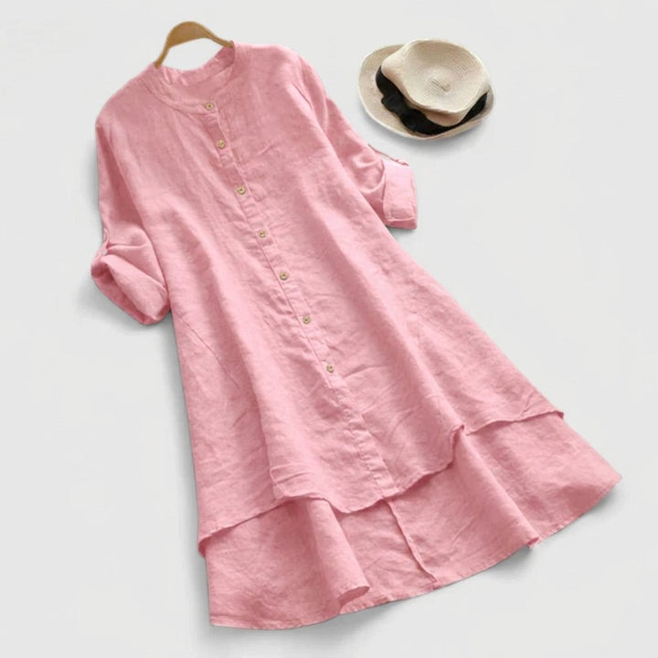 Women's Linen Button-Down Asymmetric Hem Shirt Dress - Pink