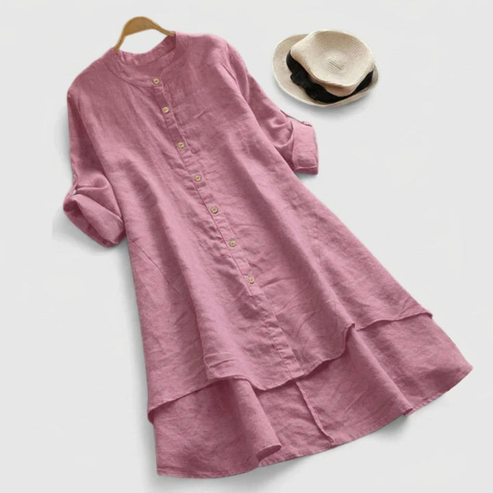 Women's Linen Button-Down Asymmetric Hem Shirt Dress - Light Purple
