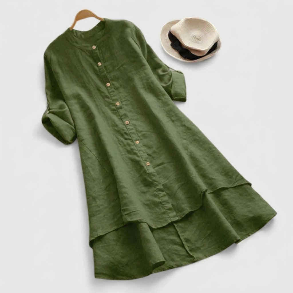 Women's Linen Button-Down Asymmetric Hem Shirt Dress - Army Green