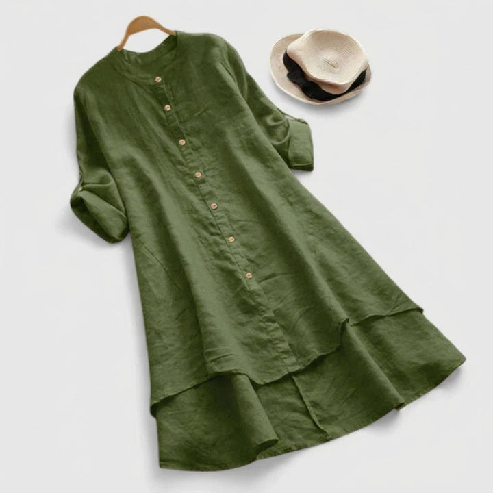 Women's Linen Button-Down Asymmetric Hem Shirt Dress - Army Green