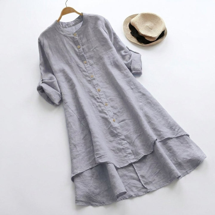 Women's Linen Button-Down Asymmetric Hem Shirt Dress - Light Gray