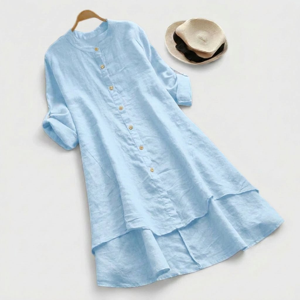 Women's Linen Button-Down Asymmetric Hem Shirt Dress - Light Blue