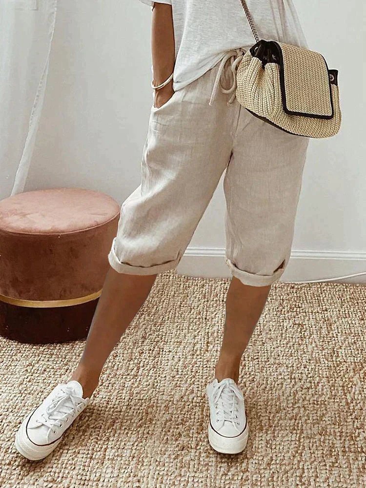Women's Linen Drawstring Cropped Bermuda Shorts - Beige
