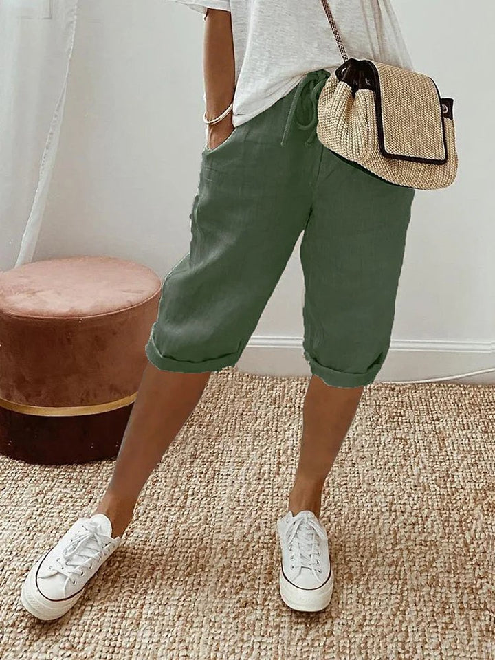 Women's Linen Drawstring Cropped Bermuda Shorts - Army Green