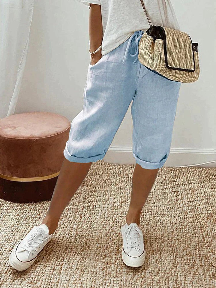 Women's Linen Drawstring Cropped Bermuda Shorts - Light Blue